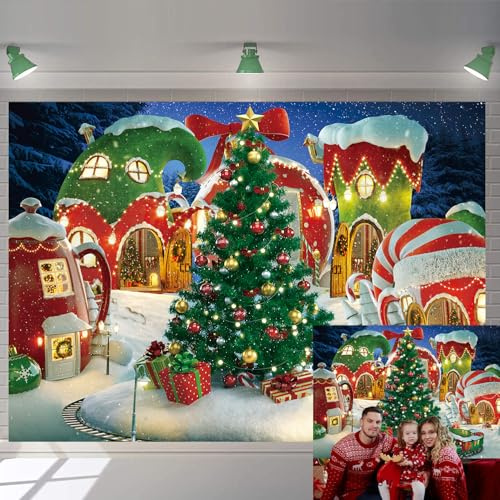 Cartoon Weihnachtsdorf Fotografie Hintergrund Winter Schnee Kiefer Baum Hintergrund Xmas Märchen animiert Kid Party Photo Booth Banner Supplies (2,4 x 1,8 m)