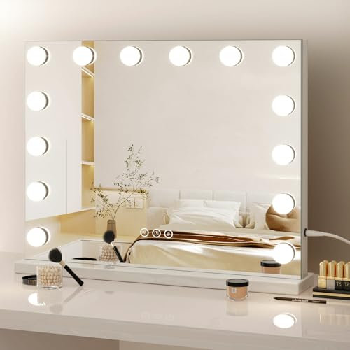 Dripex Espejo Maquillaje con Luz LED, 50 x 42 cm, 14 Bombillas, 3 Modos de Luz, Control Táctil, Función de Memoria, Aumento 10X, Tocador