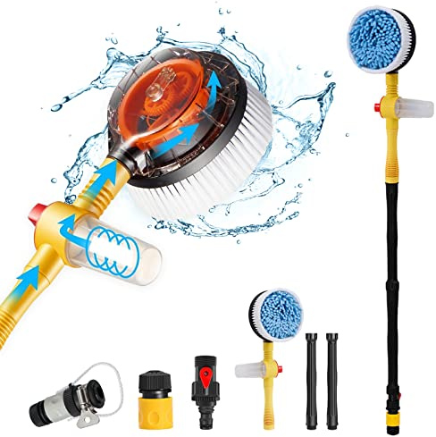 Practisol Autowaschbürste mit Schlauchbefestigung, 360 Spin Autowaschbürste mit Seifenspender, weiche Borsten Auto Reinigungsbürste Mop Scrub Brush, Flow Through Car Wash Brush Kit Langer Griff (Gelb)