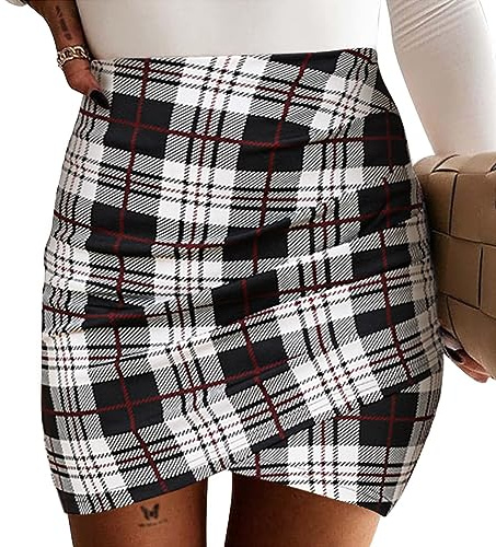 EXLURA Women's Plaid Bodycon Y2K Skirt High Waist Tulip Hem Ruched Wrap Zip Up Office Work Business Mini Skirt