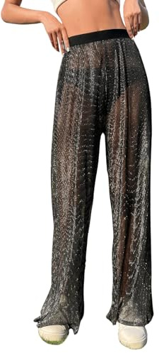 GORGLITTER Transparent Hose Damen Festival Outfit Glitzer Rave Mesh Hosen Sommer Schlaghose Party Strandhose Techno Outfit Tanzhose Schwarz XL