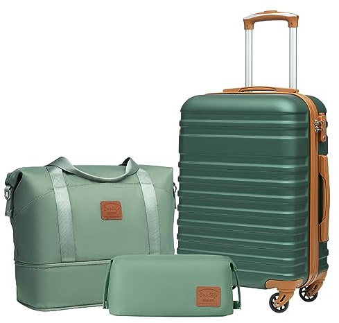 COOLIFE Suitcase Set 3 PCS - 20 Hard Shell Lightweight ABS Luggage + Travel Bag & Toiletry Bag, Small Suitcase Carry on with TSA Lock, 4 Wheels for Travel, Airline & Cruise, Business Trip Green/Brown