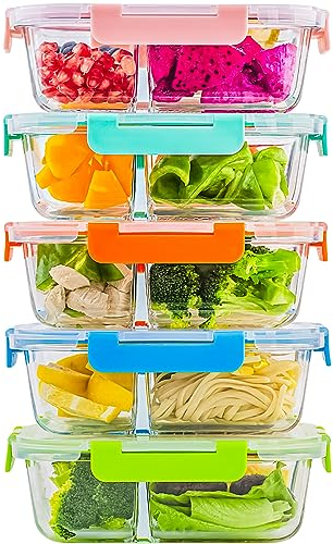 C CREST 5-Pack,3 Compartment Glass Meal Prep Containers Set,34oz, Divided Glass Food Storage Containers with Lids, Glass Lunch Box with Dividers