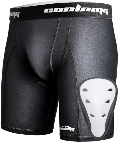COOLOMG Tiefschutz Kinder Boxershorts Sport Funktionsunterwäsche Suspensorium mit Cup Jungen Kompressionsshorts Neu Schwarz XS