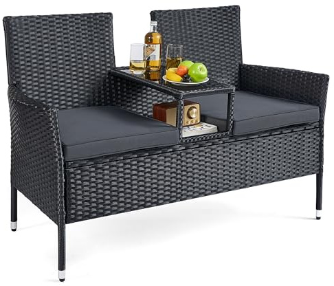 SONGMICS Gartenmöbel, Balkonmöbel aus PE-Polyrattan, Gartenbank mit Tisch | Terrassenmöbel, Sofa mit Kissen, für Terrasse, Garten, Balkon, Outdoor, schwarz-dunkelgrau, FUNLAND Kollektion GGF022B01