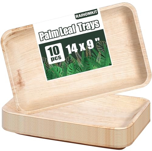 RAIHOMKIT Paquete de 10 bandejas desechables de hojas de palma, platos para servir como bambú, tablas de embutidos desechables, bandeja rectangular, platos de hoja de palma, platos ecológicos para