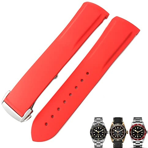 SOMKB 20 mm 22 mm Gummi Faltschnalle Uhrenarmband Schwarz Blau Rot Uhrenarmbänder für Tudor Black Bay für Herren Armband, 20 mm, Kunststoff, Achat
