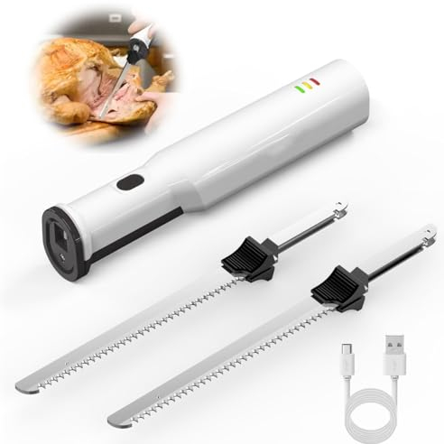 Coltello da Intaglio Elettrico Senza Fili, Coltello da Affettare con USB con Una Mano, con 2 Lame in Acciaio Inossidabile, Blocco di Sicurezza per Intagliare Pane, Tacchino, Pollame, Pesce