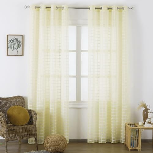 Dalina Textil - Cortina Salón Dormitorio Translúcido Cuadros de Felpa - Visillo para Ventana Cocina Comedor de 2 Unidades 140x260cm Amarillo
