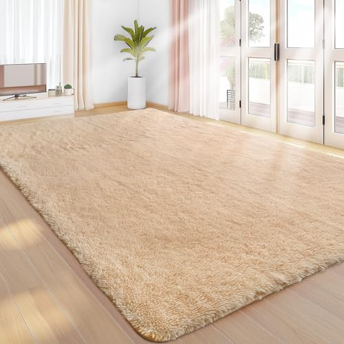 Sour Lemon Hochflor Teppich Groß, Beige Teppich Wohnzimmerteppich 160x230cm | Teppiche Schlafzimmer Flauschiger Teppich Waschbar Anti-Rutsch Extra Große Carpet Teppichen für Schlafzimmer Kinderzimmer