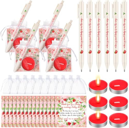 Qilery 200 Pcs Sweet Strawberry Baby Shower Favors for Guests Includes Tea Light Candles Retractable Ballpoint Pen Gift Bags Thank Tags for Birthday Favors Supplies(Strawberry)