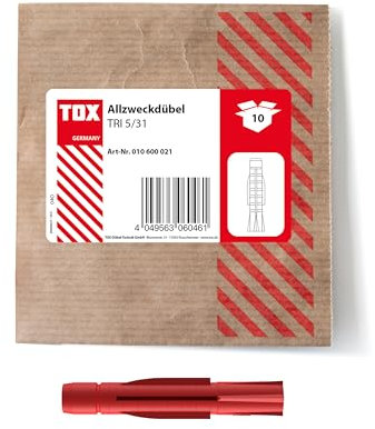 TOX 5x31 mm, Allzweckdübel TRI, Dübel für zuverlässige Befestigungen in Fast Allen Baustoffen, 10 Stück in Einer wiederverschließbaren und umweltschonenden Papierverpackung, 010600021, Rot