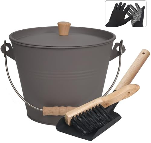 BRIAN & DANY Ascheeimer mit Deckel, Feuerfest Runder Kohleeimer für Kamine, 5L Eimer mit Schaufel und Handbesen, Werkzeugset Zubehör für Feuerstelle, Grau