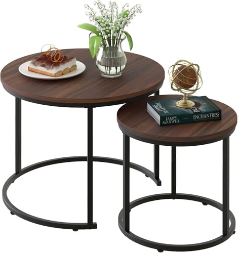 Huhote 2 Stücke Beistelltisch Set rund, Moderne Kaffeetische Satztische für Wohnzimmer Schlafzimmer, Braun