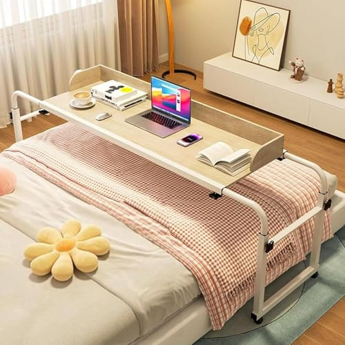 Mobiler Nachttisch mit Rollen, höhenverstellbar 65–95 cm, Computertisch, Steharbeitsplatz, Essenstablett, Schreibtisch, rollbarer medizinischer Tisch für Einzel-/Doppel-/Queensize-/Kingsize-Bettr