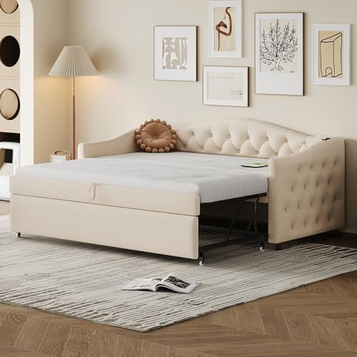 Kebnor Polsterbett Ausziehbares Schlafsofa, 90 * 200 cm, Mit USB-Anschluss, Klassische Form mit Knöpfen mit Lattenrost, Multifunktionsbett - Gästebett, Leinenstoff (Matratze Nicht enthalten) (Beige)