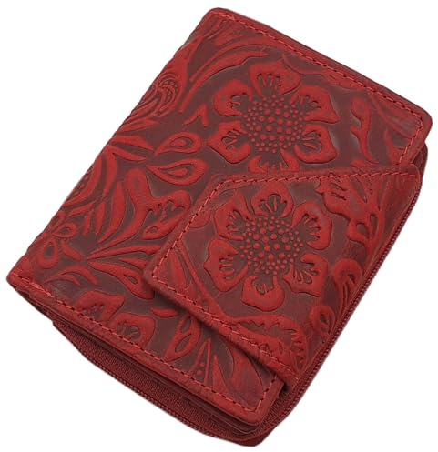 myledershop Kleine Büffel-Vollleder Damen Geldbörse/Geldbeutel/Portemonnaie/Geldtasche in Hochformat mit Lianen Prägung und RFID & NFC Schutz (Kirschrot)
