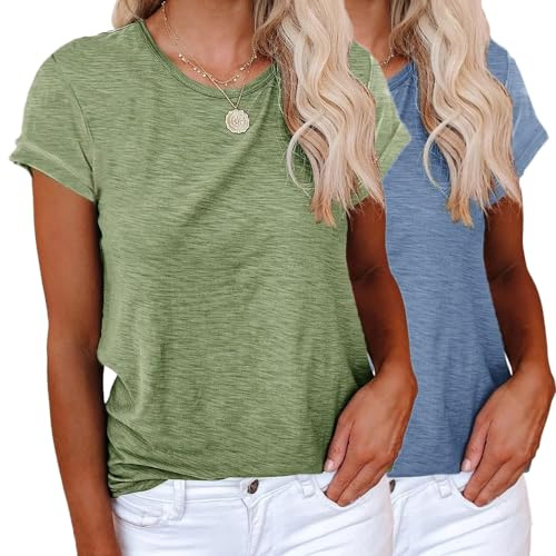 YUTILA 1er/2er Pack Tshirt Damen Sommer Casual Basic Shirt Einfarbig Kurzarm Tee aus 100% Baumwolle Tops Oberteile Rundhals Locker Lässig T Shirt