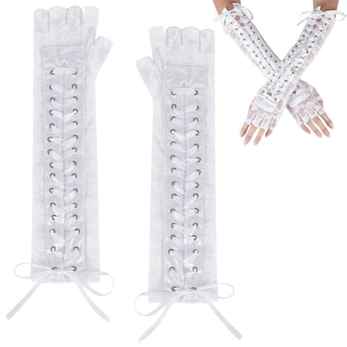 AHANDMAKER 1 Paar Fingerlose Handschuhe Zum Schnüren Weiße Lange Ellenbogenhandschuhe Gothic Punk Spitzen Armwärmer Handschuhe Armstulpen Aus Spitze Für Damen Hochzeit Braut Tanz Kostümparty