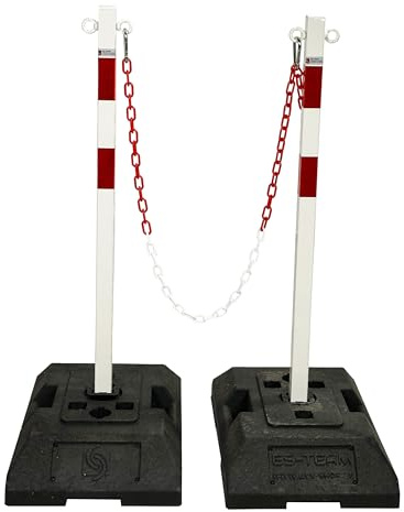 UvV Stahl Kettenpfosten Set SteelON 40mm Stahlpfosten + 15 kg schwere Fußplatte + 8mm rot/weisse Kunststoffkette - Pfosten weiß pulverbeschichtet mit Reflexfolie (Basic - 2 Pfosten + 5 m Kette)