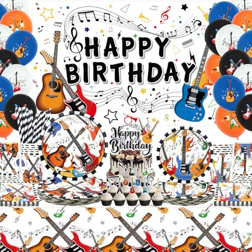 Juego de suministros para fiesta de cumpleaños de guitarra, incluye telón de fondo de feliz cumpleaños, platos, mantel, vasos, globos y popotes, para instrumentos musicales, suministros de baby shower