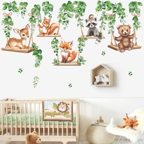 wondever Adesivi Murali Bambini Animali del Bosco Foglie Verdi Sticker da Muro Animali Foresta Volpe Orso Cervo Adesivi da Parete per Camerette Bambini Asilo Nido Camera da Letto