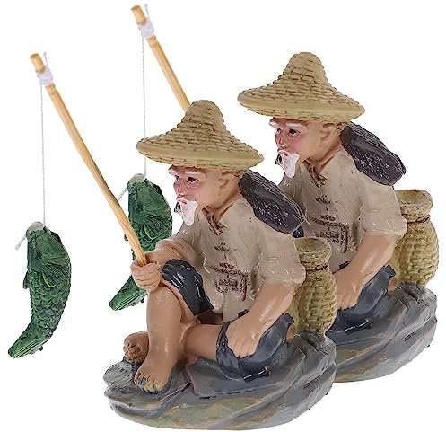 QUMIIRITY 2pcs Old Fisherman Ornaments Decorations Pond Decor Shaped Mini Fisherman Figurine Fishing Statue Indoor Fisherman Figure Fish Tank Fishing Ornament Fishing Accessories Brown Resin
