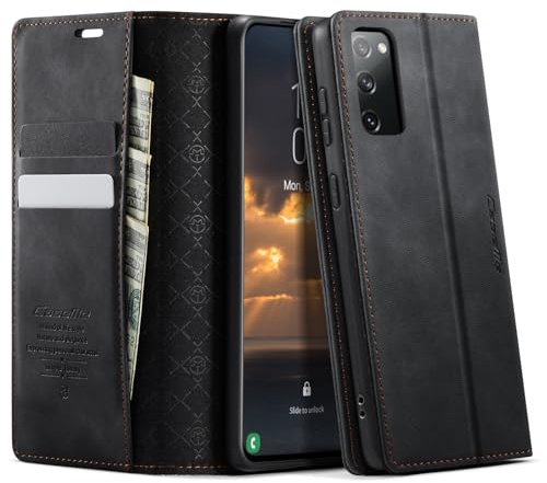 CaseMe für Samsung Galaxy S20 FE Hülle, Magnet Leder Klapphülle RFID Schutz | Retro PU Leder, 2 Kartenfach, Standfunktion, Stoßfest, Flip Case, Handyhülle für Galaxy S20 FE 6,5'', Schwarz