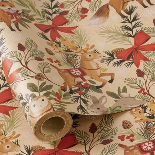 RUSPEPA Weihnachtsgeschenkpapierrolle für Jungen und Mädchen, Waldtier-Design mit Fuchs, Rentier, Eule und Hase, Kraft-Geschenkpapier für Weihnachten, Feiertage und Winterpartys, 43,2cm x 5m