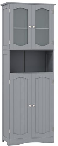 COSTWAY 164cm Tall Bathroom Cabinet, Freestanding Storage Cupboard with Tempered Glass Doors and Open/Adjustable Shelves, Wooden High Floor Storage Cabinet Unit for Living Room Kitchen Hallway (Grey)