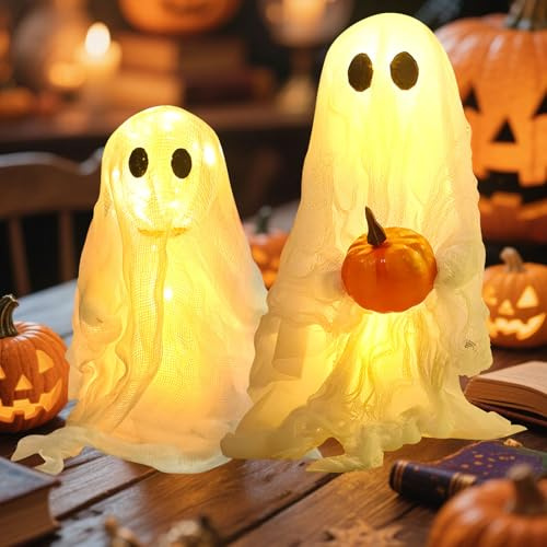 Halloween Deko Geister Leuchtend, 2 Stück Halloween Geister Deko mit Warmes/Farblicht LED, Süßes Kürbis Ghosts, Gespenster Dekoration, Halloweendeko Geist für Outdoor Indoor Garten Party (A)