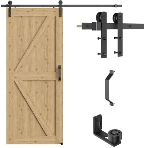TSMST 6.6FT/200cm Schiebetürsystem Komplett-Set mit Bodenführung für Schiebetüren mit Schwarze Türgriffe Schwarz Schienen-Kit Passend für eine einzelne Holztür, J-Form