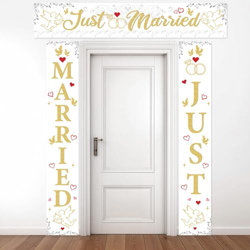 3 Stück Just Married Deko Banner Set Für Hochzeit Weiß Goldene Dekoration Für Haustür Und Wand Hochzeitsbanner Set Für Polterabend Und Verlobung Just Married Deko Komplettset Für Haus Und Party