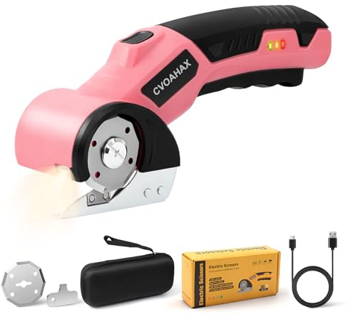Electric Box Cutter for Cardboard, 4.2V Rechargeable Electric Scissors with LED Light & 2 Rotary Blades, 3000mAh Battery Cardboard Cutter for Carton Carpet Plastic Fabric Leather