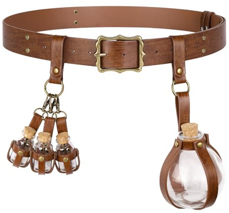 HiiFeuer 3-teiliges Set Mittelalterliche Alchemie Gürtel-Elixierflaschen,Fantasie Verstellbare Glasfläschchen, Hexen & Zauberer Kostüm für Ren Faire