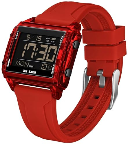 findtime Digital Sportuhr Rechteckig Outdoor Große Zahl Wasserdicht Armbanduhr Transparent leuchtende ziffern mit Chronograph Stoppuhr Alarm Multifunktional Digitaluhr für Damen und Herren Rot Unique