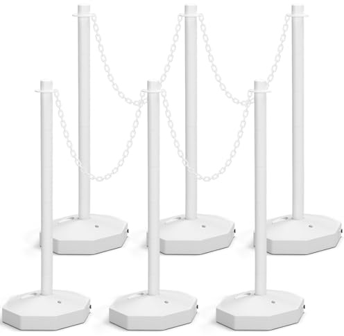Geiserailie 6 Pack 34 Traffic Delineator Posts with 5FT Chains White Safety Barrier Posts Portable Traffic Cones Detachable Warning Bollard for Parking Lot Driveway Construction Work Crowd Control
