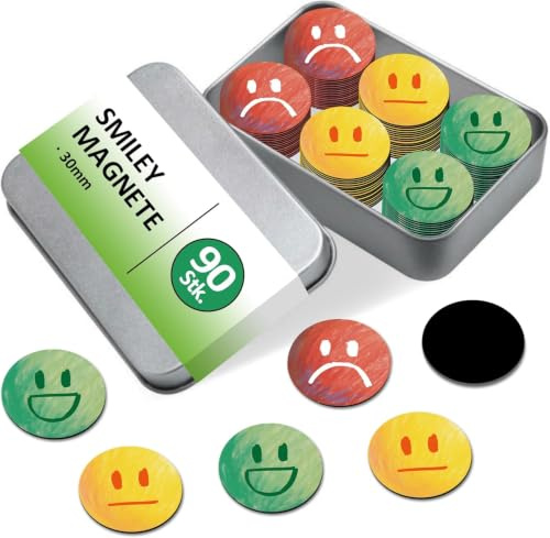 BIROYAL Smiley Magnete, Magnete Smiley, 90 STK, mit Metallbox, Buntstifte | Ø 30mm, 1,1mm Dicke, Starke haftende Flach-Magnet, Lehrer Zubehör, Magnete für Magnettafel, Tafel, Belohnungstafel Kinder