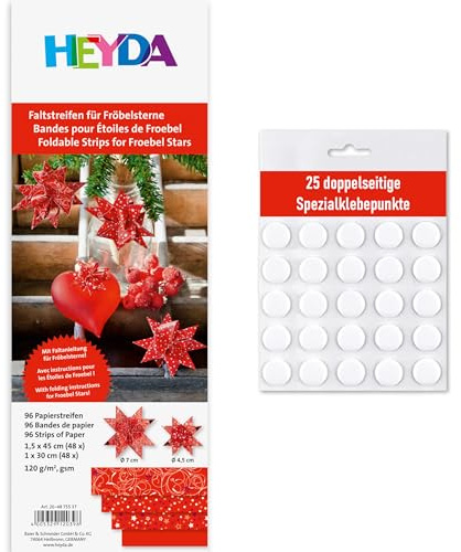 Heyda Faltstreifen für Fröbelsterne – 96 Streifen, 120 g/m² – beidseitig bedruckt – Bastelpapier Set für 24 Sterne – mit Anleitung – inklusive 25 Klebepunkten (rot 1x30cm + 1,5x45cm)