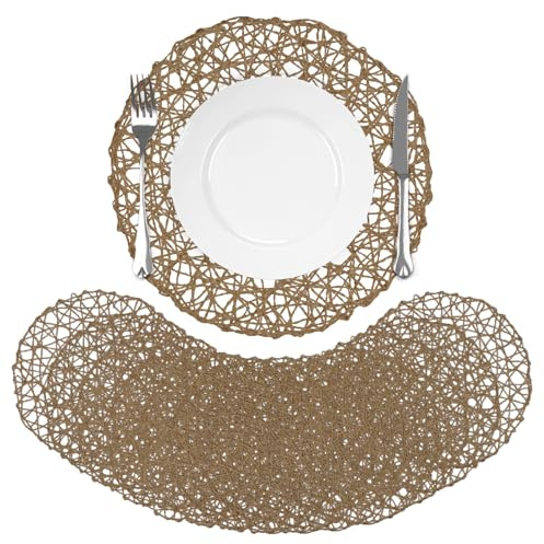comfoyar Tischsets Rund Papier Geflochten 12er Set, 33cm rutschfeste Hellbraun Gewebt Platzsets, Natürlich Platzdeckchen für Innen Außen Küche Essen Party Tischdekoration
