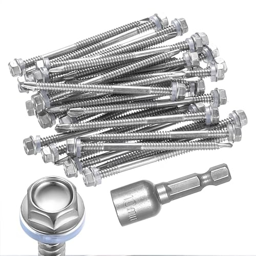 Moqinai Lot de 30 vis autotaraudeuses en acier inoxydable 401, vis à tôle trapézoïdale avec joint, vis autoperceuses M6,3 x 100 mm, avec rondelle d'étanchéité, vis étanches hexagonales, avec clé à