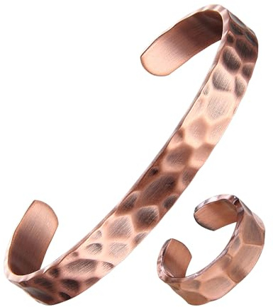 BioMag Pure Copper Bracelet and Ring Set – Copper Bracelet for Men & Women – 100% Solid, Raw & Uncoated Handmade Hammered Tibetan Cuff Bangle