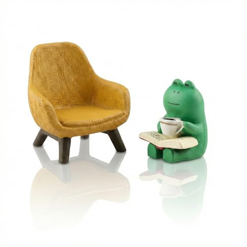 Hopzab 2PCS Miniature Frog Statue with Yellow Sofa,Cute Funny Mini Frog Sculpture Figurines,Resin Tiny Animal Ornament,Desk Decor for Home Office Garden