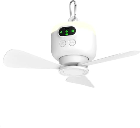 VVU&CCO Portable Ceiling Fan with Light, 4 Speeds Adjustment, 2/4/8H Timer | Camping Ceiling Fan 8000mAh Battery Operated Use Time Up to 10H for Tent Patio Canopy Porch RV