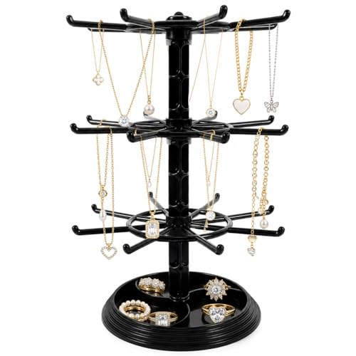 Toyvian Présentoir Porte-clés Rotatif en Plastique Noir 3 Niveaux Organiseur de Bijoux Compact pour Colliers, Bracelets et Accessoires, Support de Rangement Multifonction pour Bureau et