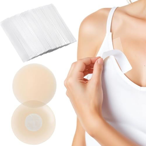 URYVAIW Set: 1 Scatola di Adesivi Anti-Sfilata + 1 Paio di Copricapezzoli (Rotondo, Pelle, Ø6.5cm), Nastro Fashion Trasparente & Copricapezzoli in Silicone per Abiti & Pelle