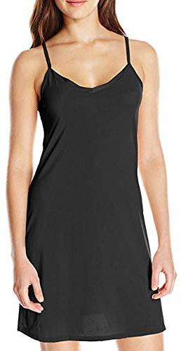 LLZ.COQUE Women's Slinky Strappy V-Neck Full Slip Petticoat Ladies Sexy Nightdress Chemise (Black, XL)