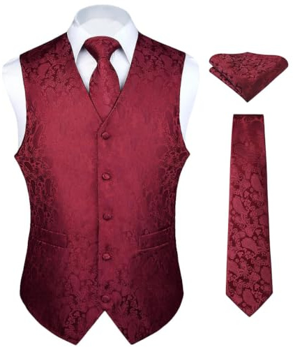 Hisdern Herrväst Paisley blommig jacquard slips ficka fyrkantig näsduk väst kostymset, Vinrött, XL