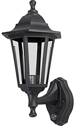 Ex-Pro Traditional Style IP44 Rated Black Outdoor Security Wall Light Lantern with PIR Motion Detector Sensor, E27 LED GLS Fitting - 1 Pack