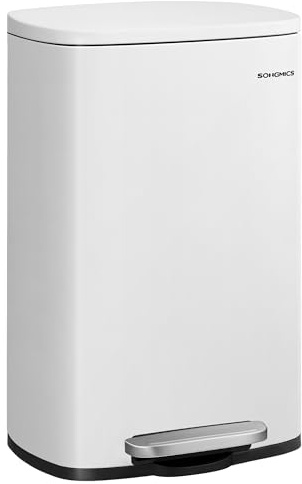 SONGMICS 13 Gallon (50 L) Trash Can, Stainless Steel Kitchen Garbage Can, Recycling or Waste Bin, Soft Close, Step-On Pedal, Removable Inner Bucket, White ULTB050W01